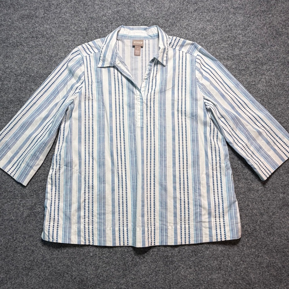 CHICO'S Blue White Striped Dotted Tunic Blouse 3/4 Sleeve Pockets Size 1 Medium‎